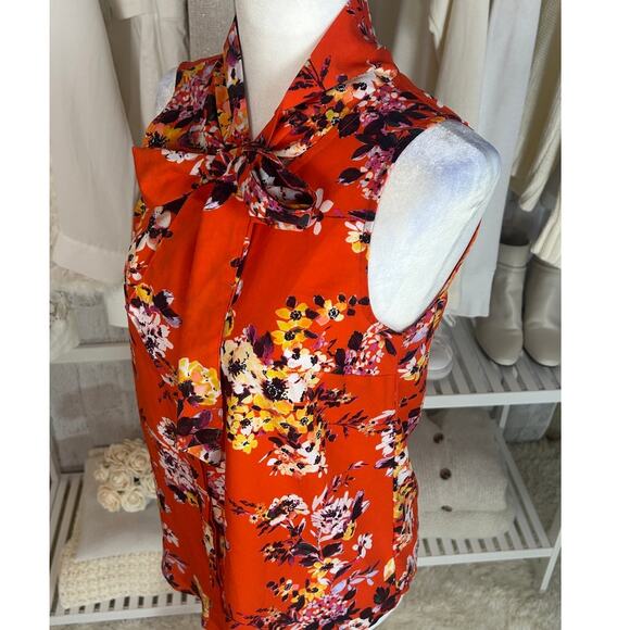 A New Day Women's Size S Orange Floral Tie Neck Sleeveless Blouse #0506 - Picture 5 of 12